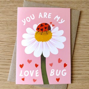 Biglietto d'auguri Love Bug, biglietto d'amore illustrato, simpatico biglietto di anniversario