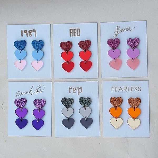 Boucles d'oreilles coeur scintillant inspirées de la tournée Eras, inspirés de l'album de Taylor Swift Fearless | Parlez maintenant | ROUGE | 1989 | Réputation | Amant