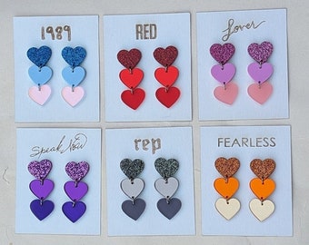 Boucles d'oreilles coeur scintillant inspirées de la tournée Eras, inspirés de l'album de Taylor Swift Fearless | Parlez maintenant | ROUGE | 1989 | Réputation | Amant