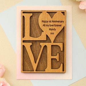 TARJETA de aniversario de madera de amor, 5o aniversario de boda personalizado, tarjeta de primer aniversario, tarjeta de boda, tarjeta de compromiso