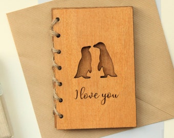 Cadeau de Saint-Valentin pour lui, carte I Love You, amour pingouin, cadeau de Saint-Valentin pour sa carte de bois Cadeau personnalisé de la Saint-Valentin Carte de Saint-Valentin