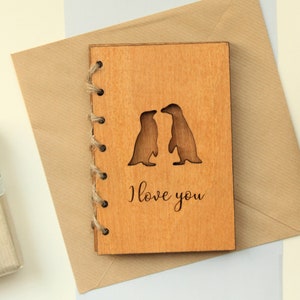 Valentines Day Gift For Him, I Love You Card, Penguin Love, Valentine Gift For Her Wood Card Personalised Valentines Day Gift Valentine Card