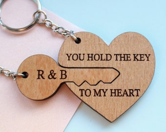 Key To My Heart Personalised Valentine Gift Couples Keyring, Valentine Gift For Him Personalised Wood Keyring Personalised Valentines Day