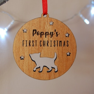Cat's First Christmas Personalised Bauble, Pet Lover Xmas Gift, Kittens 1st Christmas, Wooden Tree Decoration, Personalised Cat Decoration