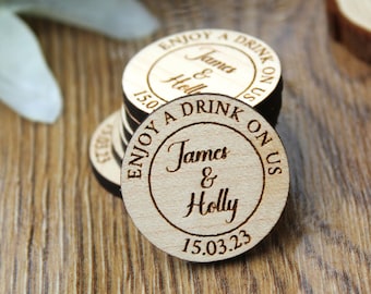 Personalised Drink Tokens Wedding Favours Circle Drink Voucher Party Celebration Wooden Have A Drink On Us Wedding Drink Token