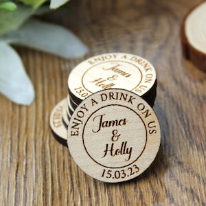 Fichas de bebida personalizadas, favores de boda, cupón de bebida circular, celebración de fiesta, madera, toma una copa con nosotros, ficha de bebida de boda
