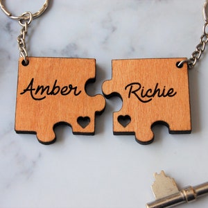 Personalised Wooden Keyring Gift, His Hers Keyring, Missing Piece, Jigsaw Puzzle, Valentines Gift, Couples Keyring, Couples Gift image 1