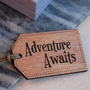 Wooden Luggage Tag, Adventure Awaits, Travel Gift, Adventure Gift, Gift For Travellers, Personalised Message, Wedding Gift, Mr And Mrs Gift