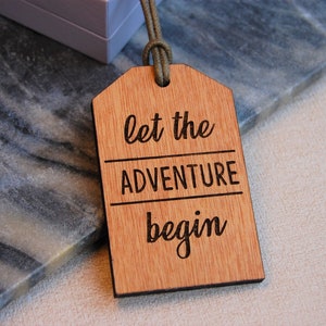 Wooden Luggage Tag, Let The Adventure Begin, The World Awaits, Travel Gift, Adventure Gift, Gift For Travellers, Personalised Message