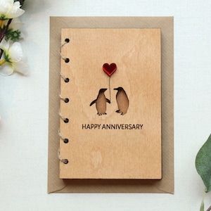 Personalised Wooden Anniversary Card, 5th Anniversary Wood Card, Engagement Card, Card For Couples, Valentines Gift Card, Penguin Love