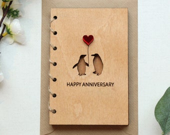 Personalised Wooden Anniversary Card, 5th Anniversary Wood Card, Engagement Card, Card For Couples, Valentines Gift Card, Penguin Love