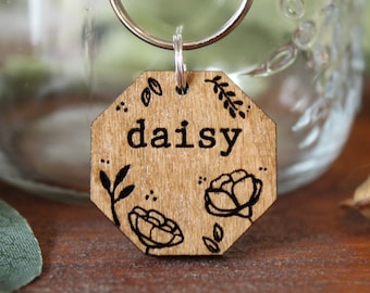 Floral Wooden Dog Tag, Personalised Dog ID Tag, Dog Tags For Dogs, Floral Dog Name Tag, Flower Lover Tag, Cat Tag, Cat Name Tag