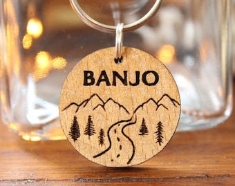 Houten hond tag, gepersonaliseerde hond ID tag, hond tags voor honden, mountain adventure hond tag, kat tag, kat naam tag