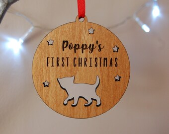 Cat's First Christmas Personalised Bauble, Pet Lover Xmas Gift, Kittens 1st Christmas, Wooden Tree Decoration, Personalised Cat Decoration