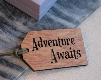 Wooden Luggage Tag, Adventure Awaits, Travel Gift, Adventure Gift, Gift For Travellers, Personalised Message, Wedding Gift, Mr And Mrs Gift