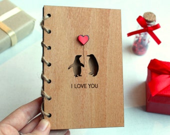 I Love You Personalised Valentines Card Gift Wood Engraved Valentine's Gift Penguin Love Valentine's Day Card Valentine Gift For Him