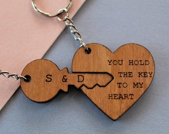 threepeakscompany Valentines Day Gift for Him, Key to My Heart, Personalised Valentine Gift, Couples Keyring, Valentine Gift for Her Personalised Wood Keyring