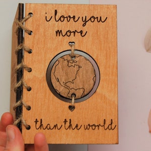 Wooden Valentine Card, I Love You More Than The World, Personalised Valentines Card, 5th Anniversary Gift, Wedding Card, Birthday Card image 2