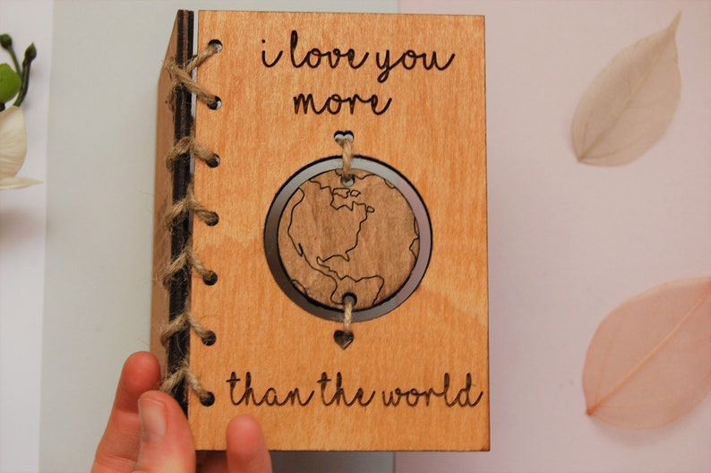 Wooden Valentine Card, I Love You More Than The World, Personalised Valentines Card, 5th Anniversary Gift, Wedding Card, Birthday Card image 2