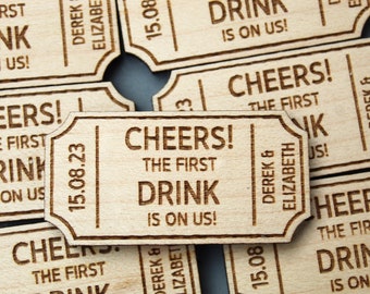 The First Drink Is On Us Wedding Drink Token Retro Personalised Wooden Wedding Drink Token Wedding Ticket Stub Drink Token Retro Deco