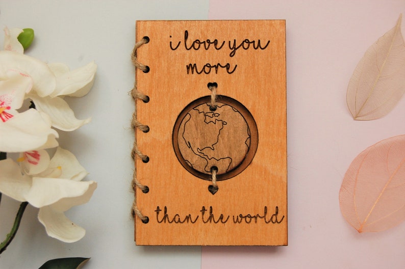 Wooden Valentine Card, I Love You More Than The World, Personalised Valentines Card, 5th Anniversary Gift, Wedding Card, Birthday Card image 1