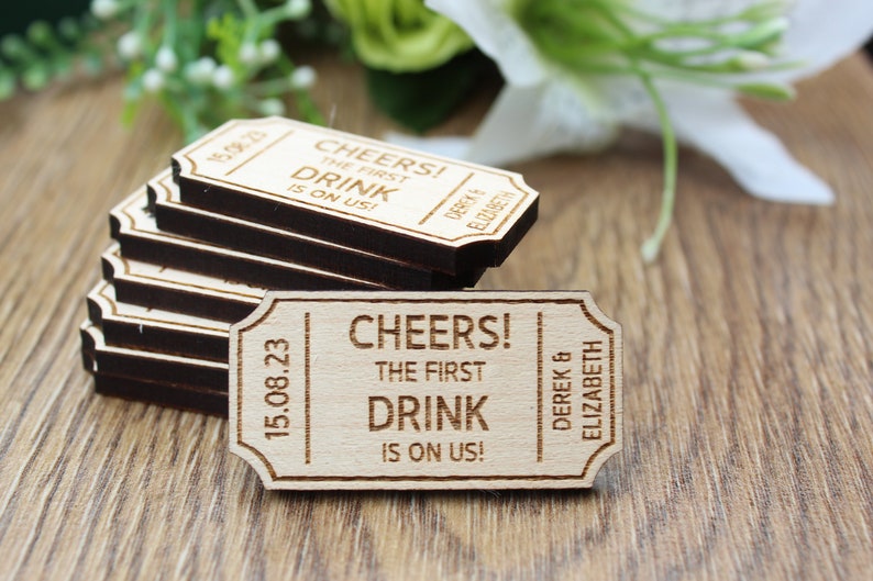 The First Drink Is On Us Wedding Drink Token Retro Personalised Wooden Wedding Drink Token Wedding Ticket Stub Drink Token Retro Deco image 2