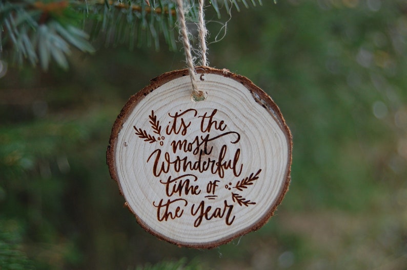 Log Slice Christmas Tree Bauble, Most Wonderful Time Of The Year, Wood Slice Bauble, Log Slice Bauble, Wooden Bauble image 2