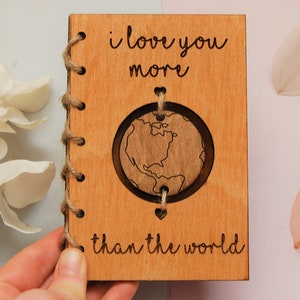 Wooden Valentine Card, I Love You More Than The World, Personalised Valentines Card, 5th Anniversary Gift, Wedding Card, Birthday Card image 5