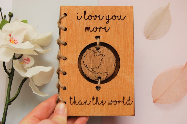 Wooden Valentine Card, I Love You More Than The World, Personalised Valentines Card, 5th Anniversary Gift, Wedding Card, Birthday Card image 5