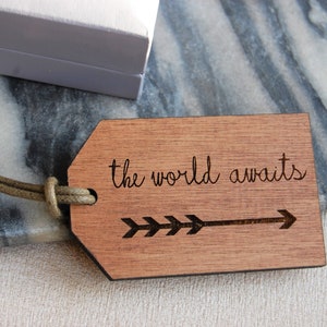 Wooden Luggage Tag, Adventure Awaits, The World Awaits, Travel Gift, Adventure Gift, Gift For Travellers, Personalised Message image 1