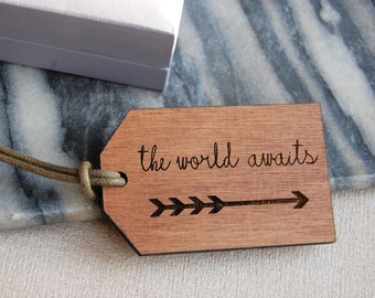 Wooden Luggage Tag, Adventure Awaits, The World Awaits, Travel Gift, Adventure Gift, Gift For Travellers, Personalised Message