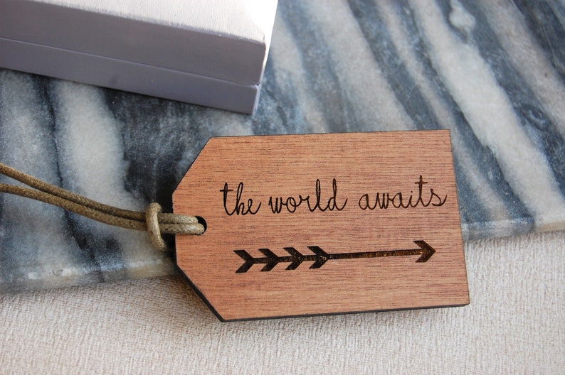 Wooden Luggage Tag, Adventure Awaits, The World Awaits, Travel Gift, Adventure Gift, Gift For Travellers, Personalised Message image 1