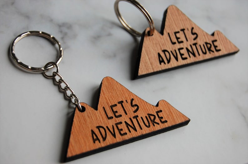 Let's Adventure Keyring, Travel Wooden Keyring, Mountain Keyring, Wanderlust, Birthday Gift, Unique Gift Idea, Wooden Etched, Laser Engraved image 2