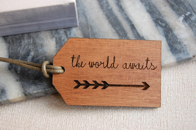 Wooden Luggage Tag, Adventure Awaits, The World Awaits, Travel Gift, Adventure Gift, Gift For Travellers, Personalised Message image 2