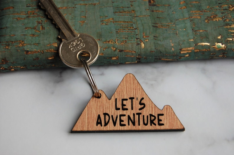 Let's Adventure Keyring, Travel Wooden Keyring, Mountain Keyring, Wanderlust, Birthday Gift, Unique Gift Idea, Wooden Etched, Laser Engraved image 1