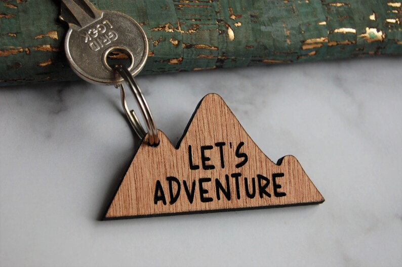 Let's Adventure Keyring, Travel Wooden Keyring, Mountain Keyring, Wanderlust, Birthday Gift, Unique Gift Idea, Wooden Etched, Laser Engraved image 3
