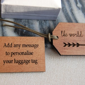 Wooden Luggage Tag, Adventure Awaits, The World Awaits, Travel Gift, Adventure Gift, Gift For Travellers, Personalised Message image 3