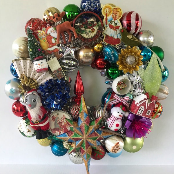Retro Style Christmas Ornament Wreath 20” Multicolored Shatterproof
