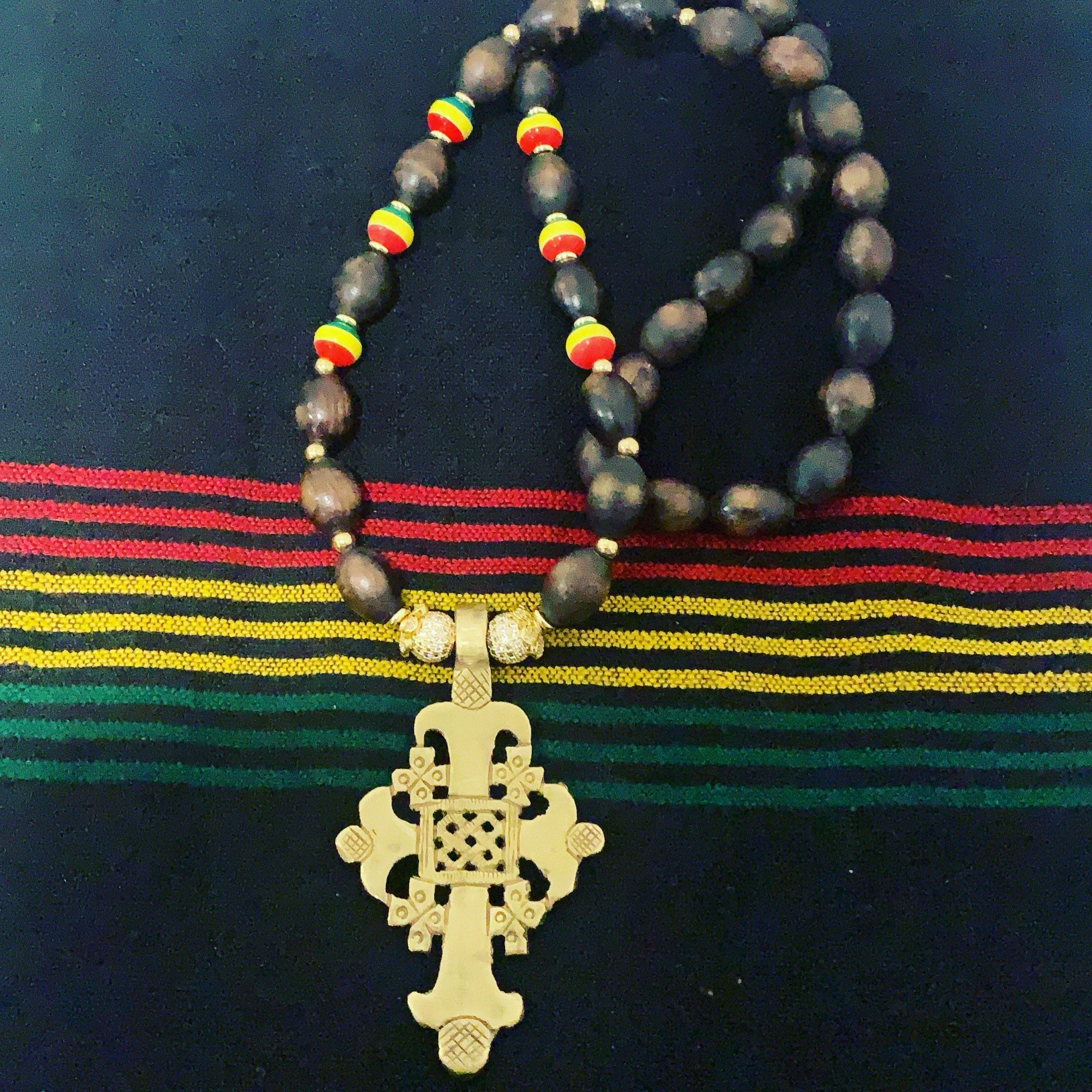 Beautiful Ethiopian Brass Meskel Coptic Cross Rastafarian Necklace
