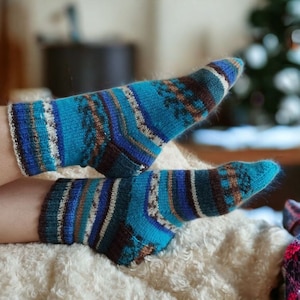 Knitted Socks: Cozy Unisex Hand Knitted Striped Socks - Blue, Brown, and Gray Shades - Made in Ukraine