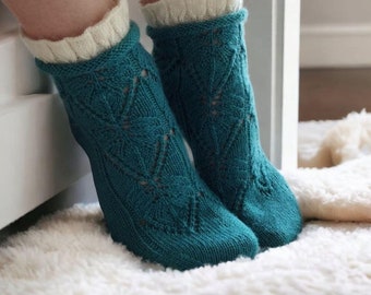 Handmade Knitted Socks: Aqua Christmas Gift with White Trim | Made in Ukraine. Valentine socks