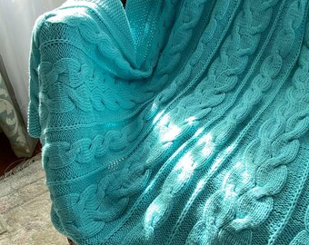 Hand-Knitted Cotton Blend Baby Blanket: Aqua Cable Knit Throw