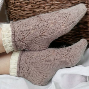 Hand Knitted Socks – Beige Lace Women&#39;s Wool Socks from Ukraine. Christmas gift