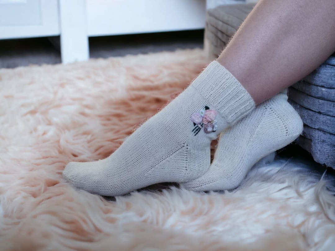 White & Multi Hand Knitted Woolen Winter Socks