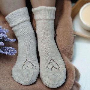 Soft Hand-Knitted Wool Socks, Ivory Cozy Socks with Lace Heart Pattern, Perfect as a  Winter Gift for Her, House Socks, Layering Under Boots