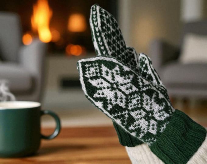 Hand-Knitted Wool Nordic Snowflake Mittens: Green & White Winter Gloves