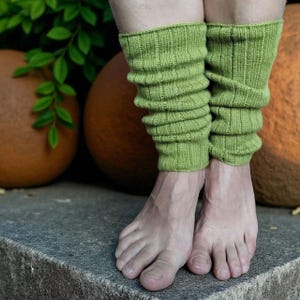 Hand-Knit Wool Blend Leg Warmers: Green Ribbed Dance Boot Cuffs