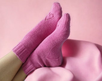 Hand Knitted Socks - Pink Elegance with Lacy Heart Detail