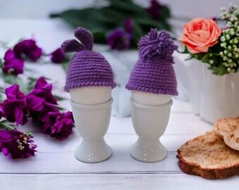 Set of 2 Violet Crocheted Egg Cozies: Bunny Ear Easter Decor