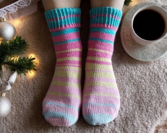 Hand-Knitted Striped Cotton Socks: Pink, Turquoise, and Yellow